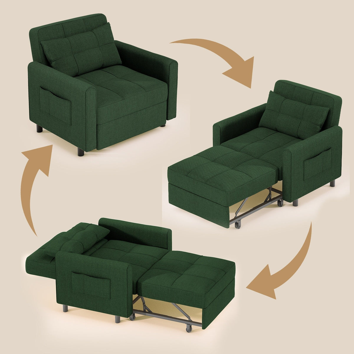 Sofá-cama ajustável 3 em 1, sofá-cadeira extraível, cama dobrável convertível para a sala de estar