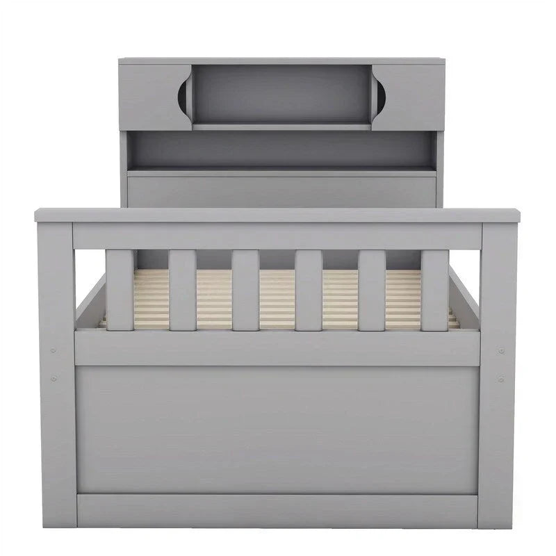 Cama de plataforma tipo capitão Twin/Full com 4 gavetas e prateleiras de arrumação, estrutura de cama em madeira maciça com cabeceira-estante para arrumação