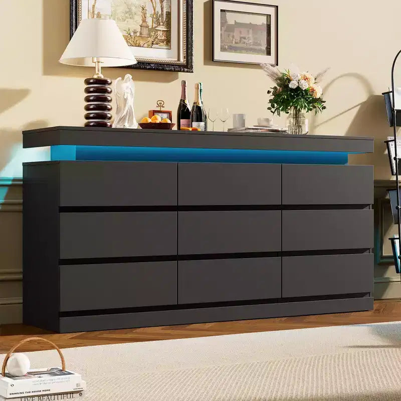 Cassettiera a 9 cassetti per camera da letto, cassettiera con stazione di ricarica e luci LED, armadio contenitore doppio in legno, cassettiera moderna e mobile TV