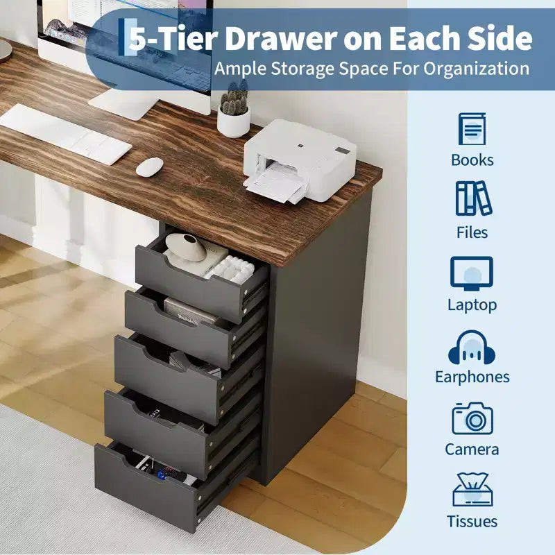 Secretária para computador de 47 polegadas com 5 gavetas de arrumação, mesa de estudo e escrita moderna de estilo rústico reversível, estação de trabalho para escritório em casa para espaços pequenos