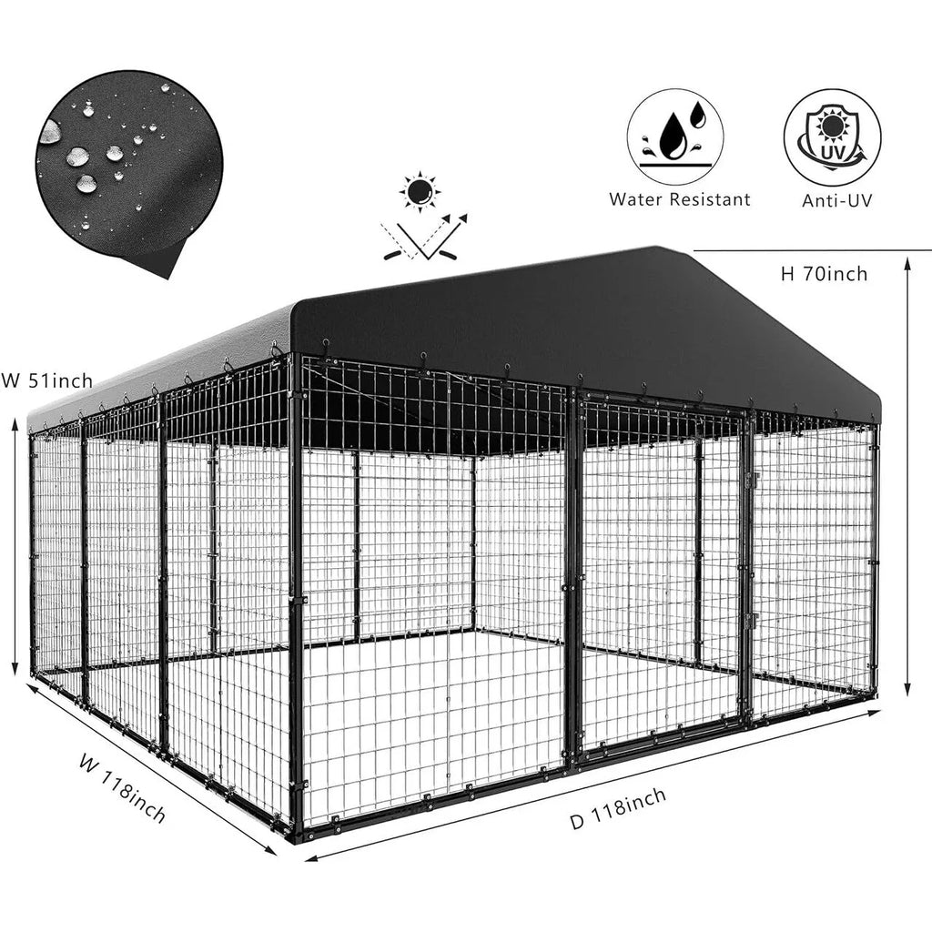 W 118 x D 118 x H 70 Canil grande para exterior, recinto resistente para cães com teto impermeável