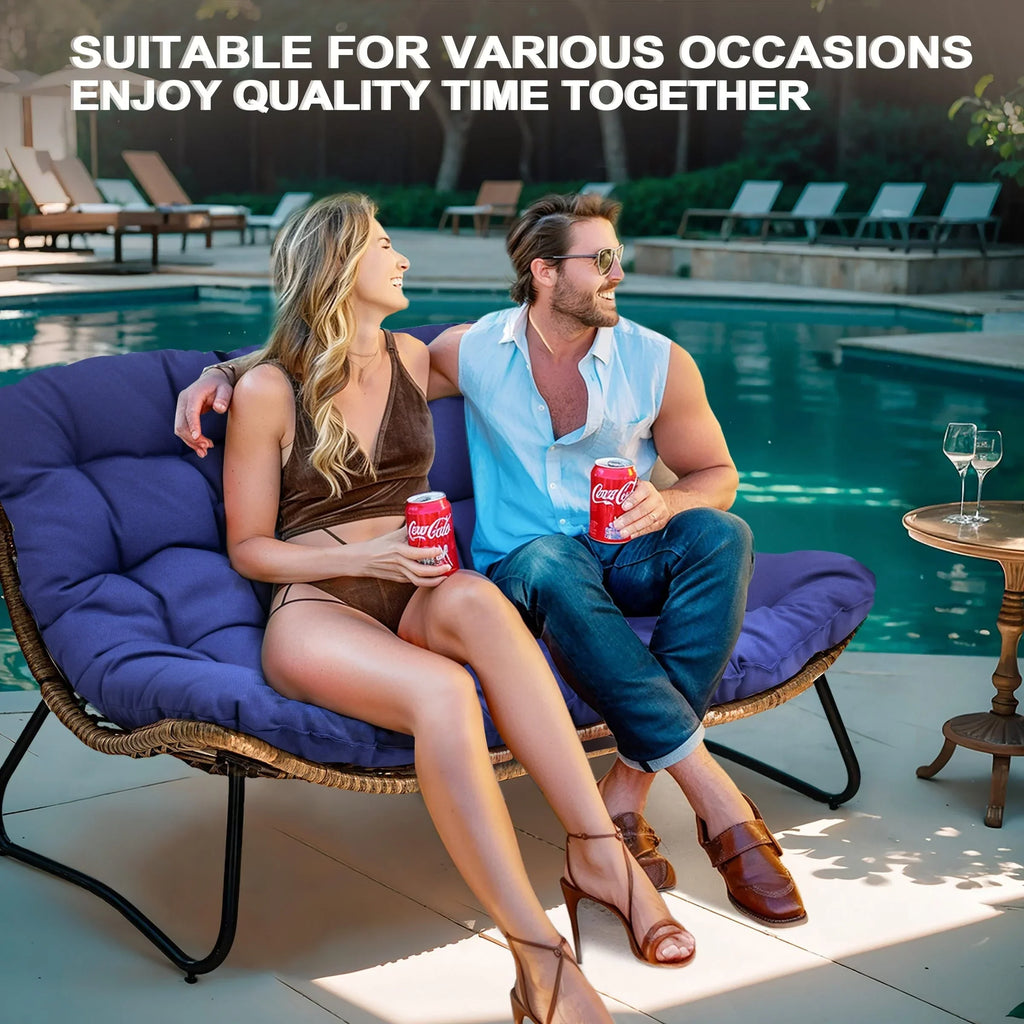 Doppelter Papasan-Sessel als Loveseat mit Kissen, wetterfestes PE-Rattan und Metallgestell für drinnen und draußen