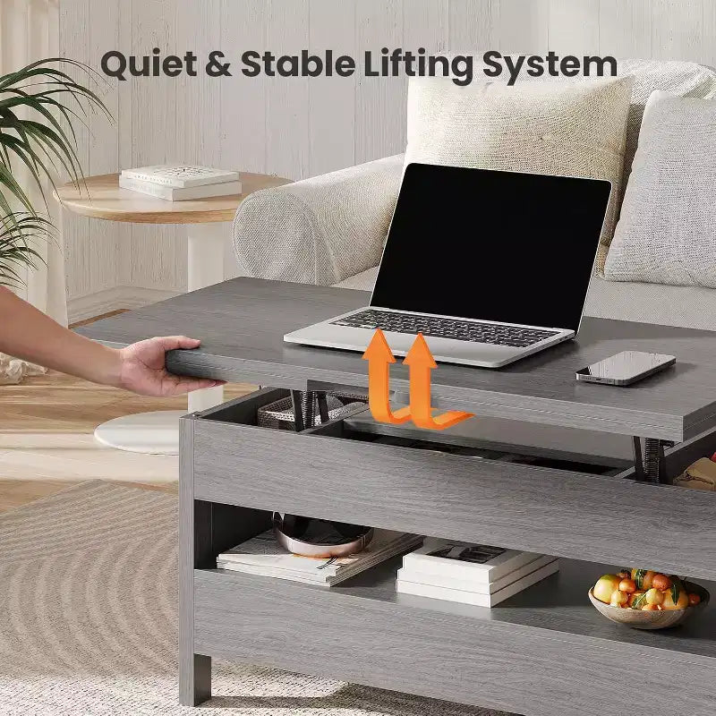 Mesa de centro elevatória com espaço de arrumação, mesa de centro de estilo rústico, mesa de centro com duas gavetas, para a sala de estar e o escritório em casa