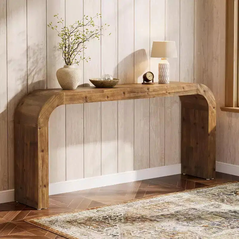 Mesa de consola Lantine de 70.87 polegadas em madeira maciça, mesa de sofá de estilo rústico com cantos em cascata para corredor, sala de estar, atrás do sofá, madeira natural