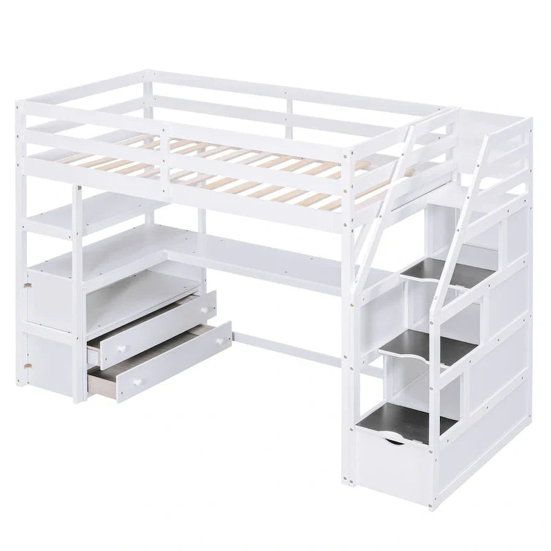 Cama alta Twin com secretária e prateleiras, duas gavetas incorporadas e escada com arrumação