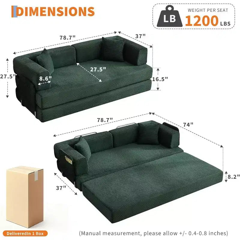 Sofá-cama convertível 5-em-1, sofá-cama modular de bombazina de 78.8 com estrutura robusta, futon multifunções para espaços pequenos, sala de estar e quarto de hóspedes