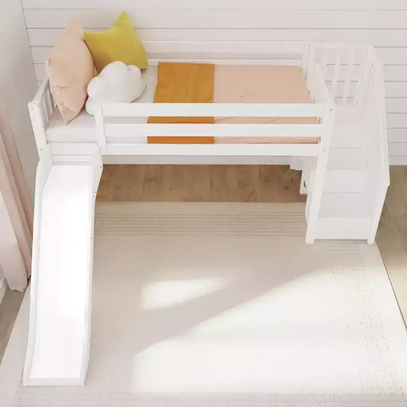 Cama baixa elevada individual para crianças com escorrega e escadas, madeira maciça, 14 proteções, capacidade de 400 lb
