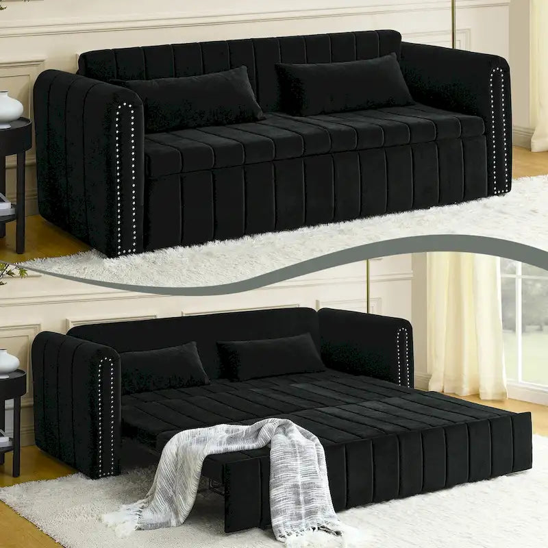 Velvet Upholstered Modern Convertible Sleeper Lounge Sofa Bed with Rolled Arms Decorated with Copper Nails