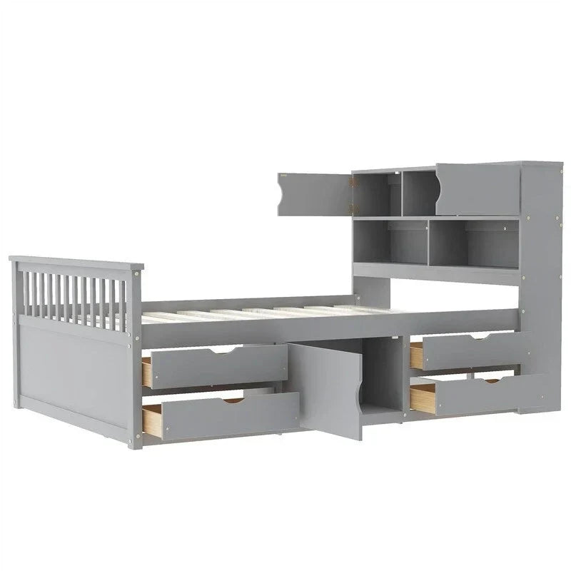 Cama de plataforma tipo capitão Twin/Full com 4 gavetas e prateleiras de arrumação, estrutura de cama em madeira maciça com cabeceira-estante para arrumação