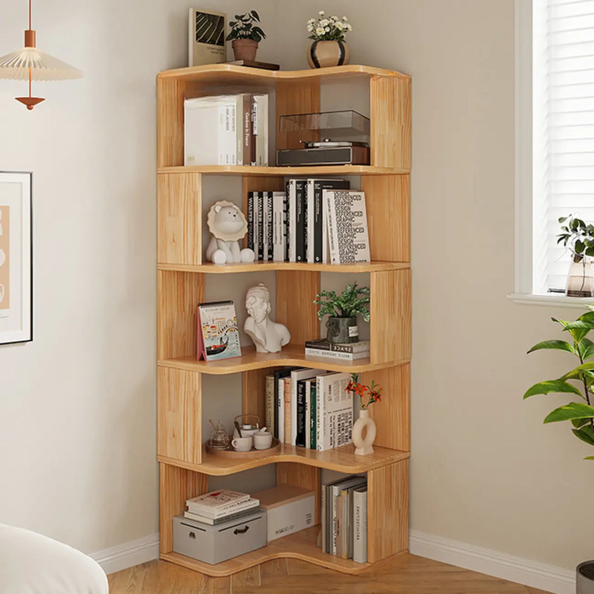 Vertikales L-förmiges Bücherregal aus Holz mit natürlicher Oberfläche und offener Rückseite