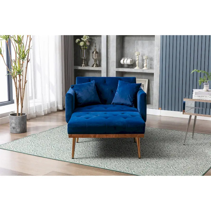 Poltrona letto in velluto imbottito e trapuntato per soggiorno, con gambe color oro rosato