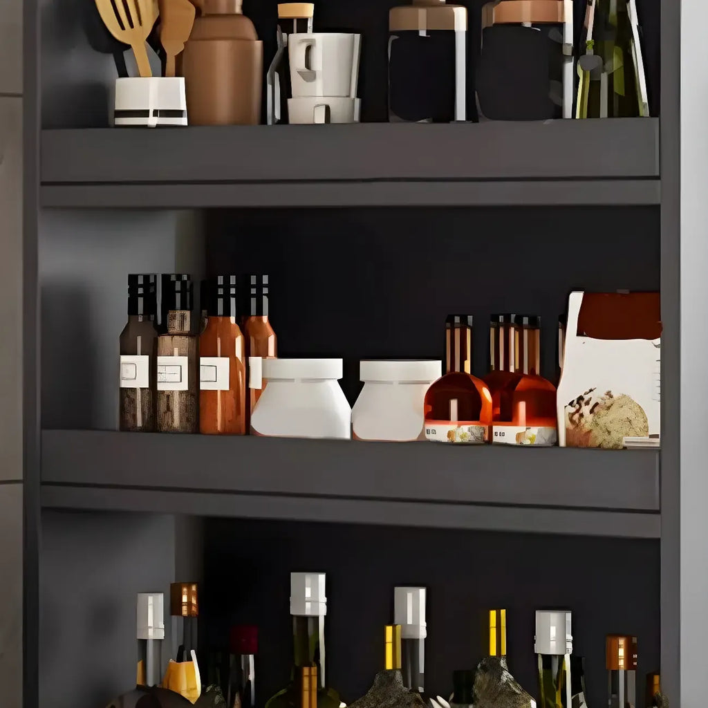 Credenza moderna in legno con ripiani aperti e rotelle