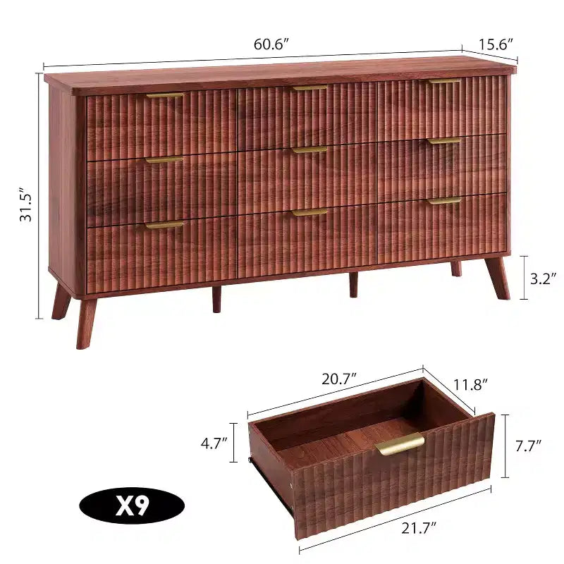 Komoda s 9 rýhovanými zásuvkami, moderní skříňka, dřevěná komoda pod TV, design se zaobleným profilem do obývacího pokoje nebo chodby