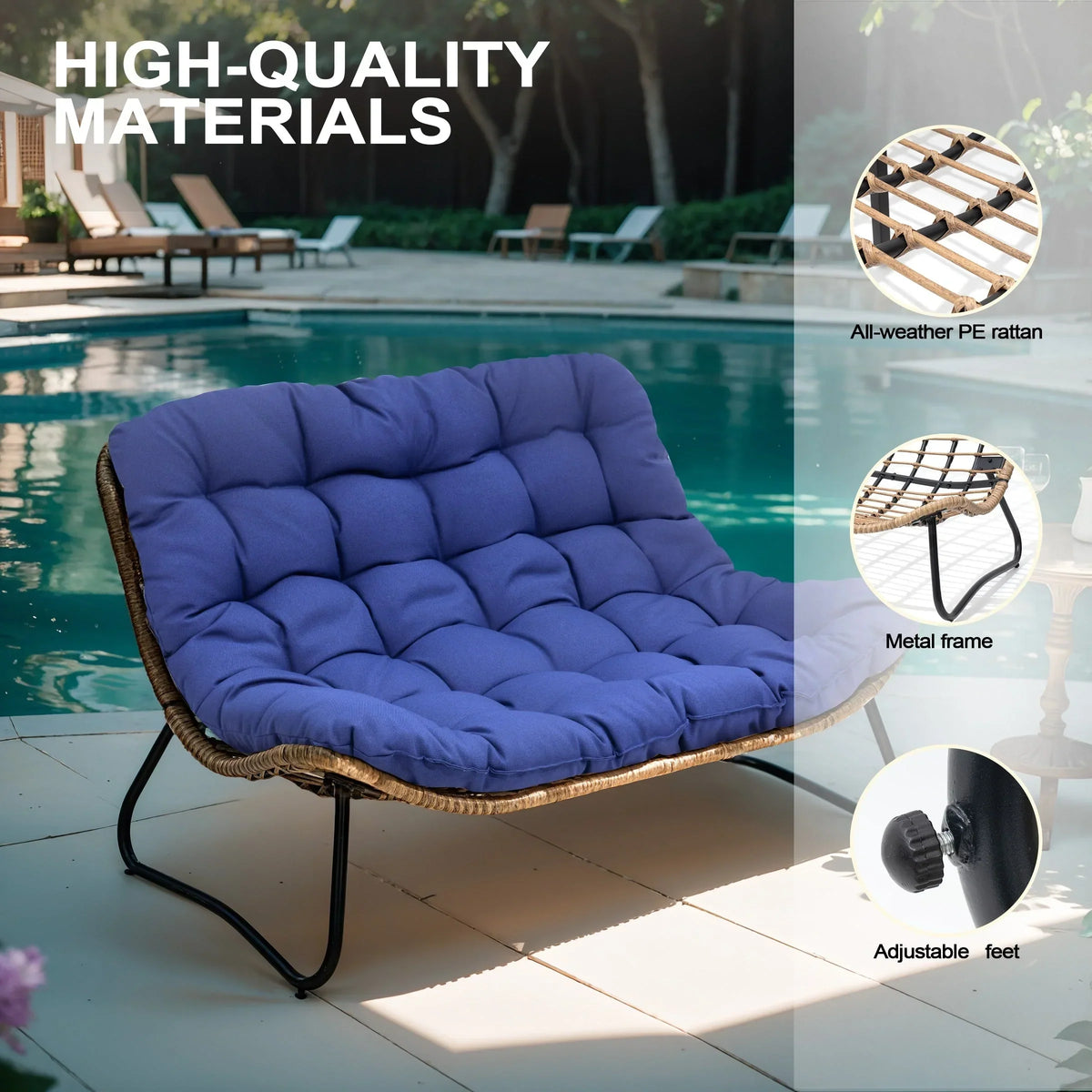 Doppelter Papasan-Sessel als Loveseat mit Kissen, wetterfestes PE-Rattan und Metallgestell für drinnen und draußen