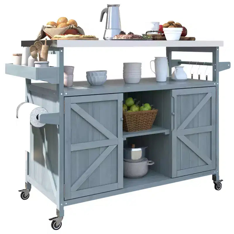 Okak Outdoor-Kücheninsel mit Edelstahlplatte, Küchenwagen aus Holz mit Türen, Regalen und Gewürzablage, rollbare Kücheninsel