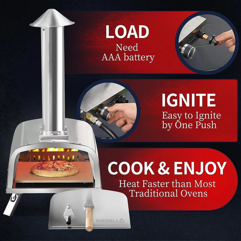 Forno de pizza exterior multicombustível, máquina de pizza de pedra com queimador a gás e caixa para lenha - 12 polegadas