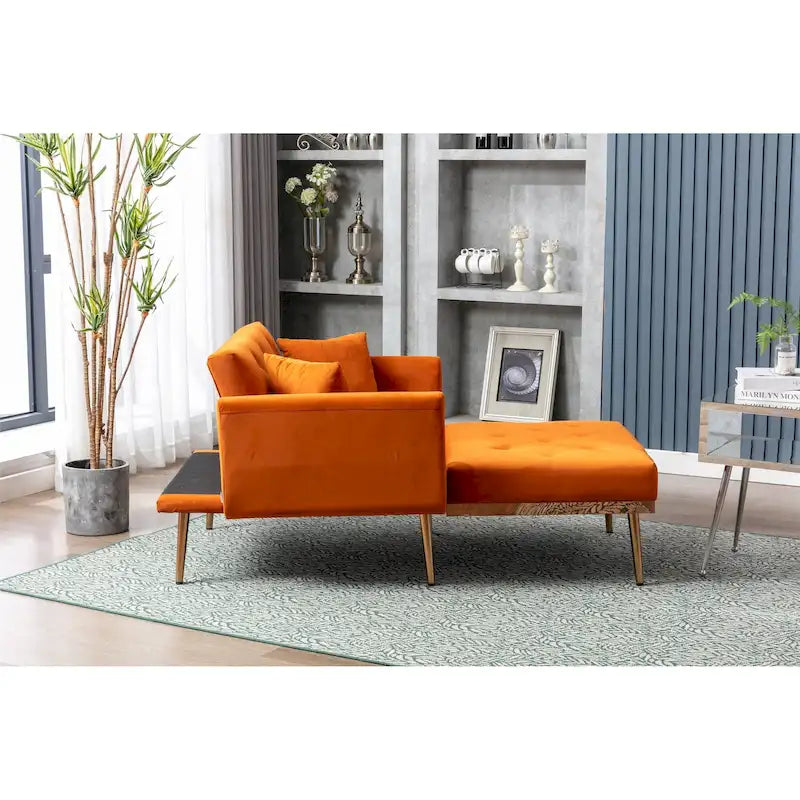 Poltrona letto in velluto imbottito e trapuntato per soggiorno, con gambe color oro rosato