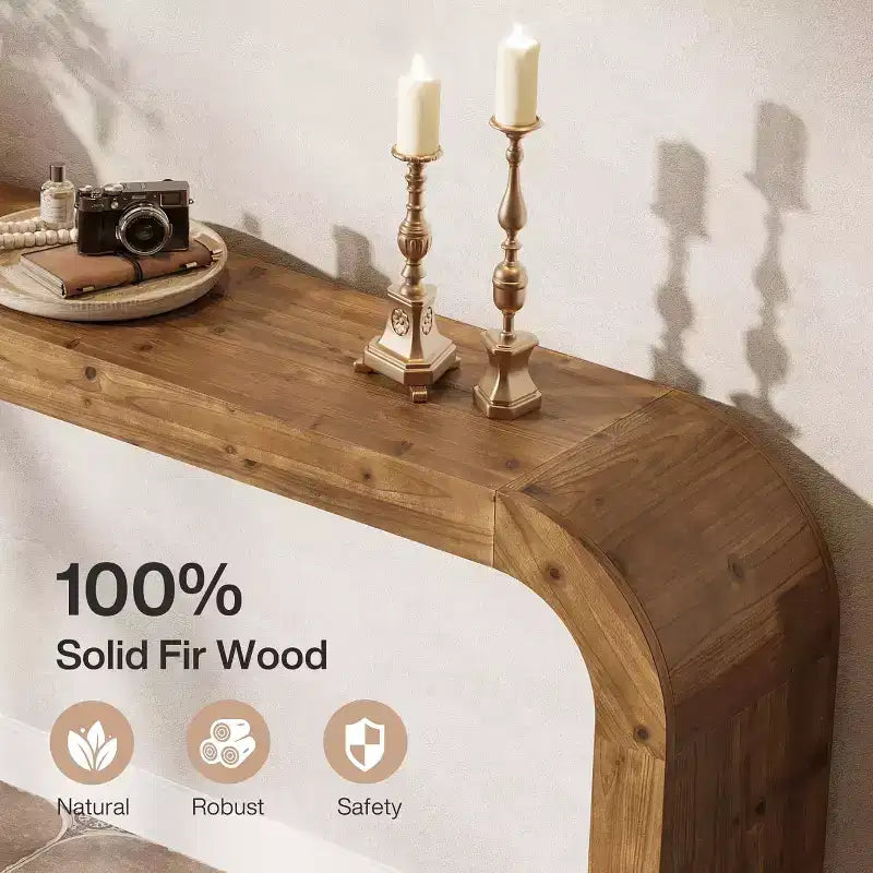 Mesa de consola Lantine de 70.87 polegadas em madeira maciça, mesa de sofá de estilo rústico com cantos em cascata para corredor, sala de estar, atrás do sofá, madeira natural