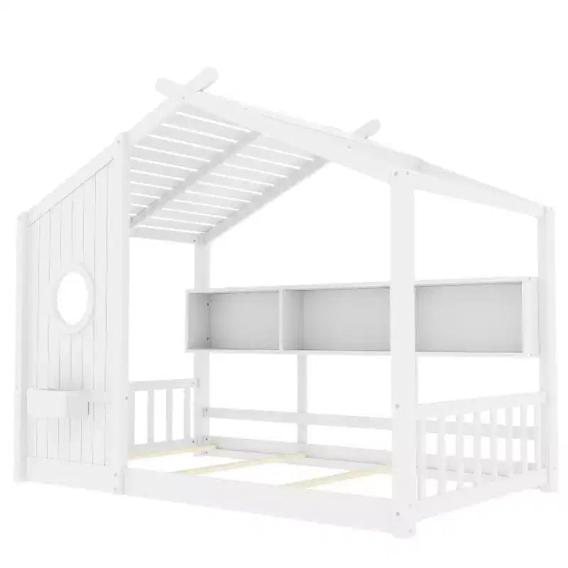 Estrutura de cama de plataforma para crianças de tamanho individual/duplo, cama de chão Montessori infantil, cama casinha de brincar com prateleira de arrumação - ModernLuxe