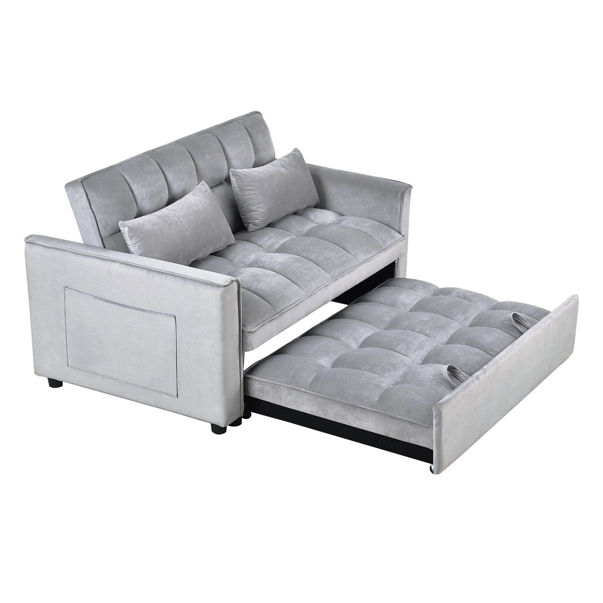 Sofá-cama moderno extensível, sofá-cama 3-em-1 com encosto ajustável, sofá de dois lugares em veludo, almofadas e bolsos laterais