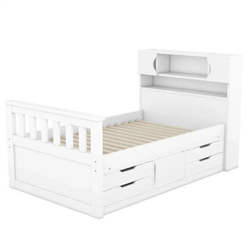 Cama de plataforma tipo capitão Twin/Full com 4 gavetas e prateleiras de arrumação, estrutura de cama em madeira maciça com cabeceira-estante para arrumação