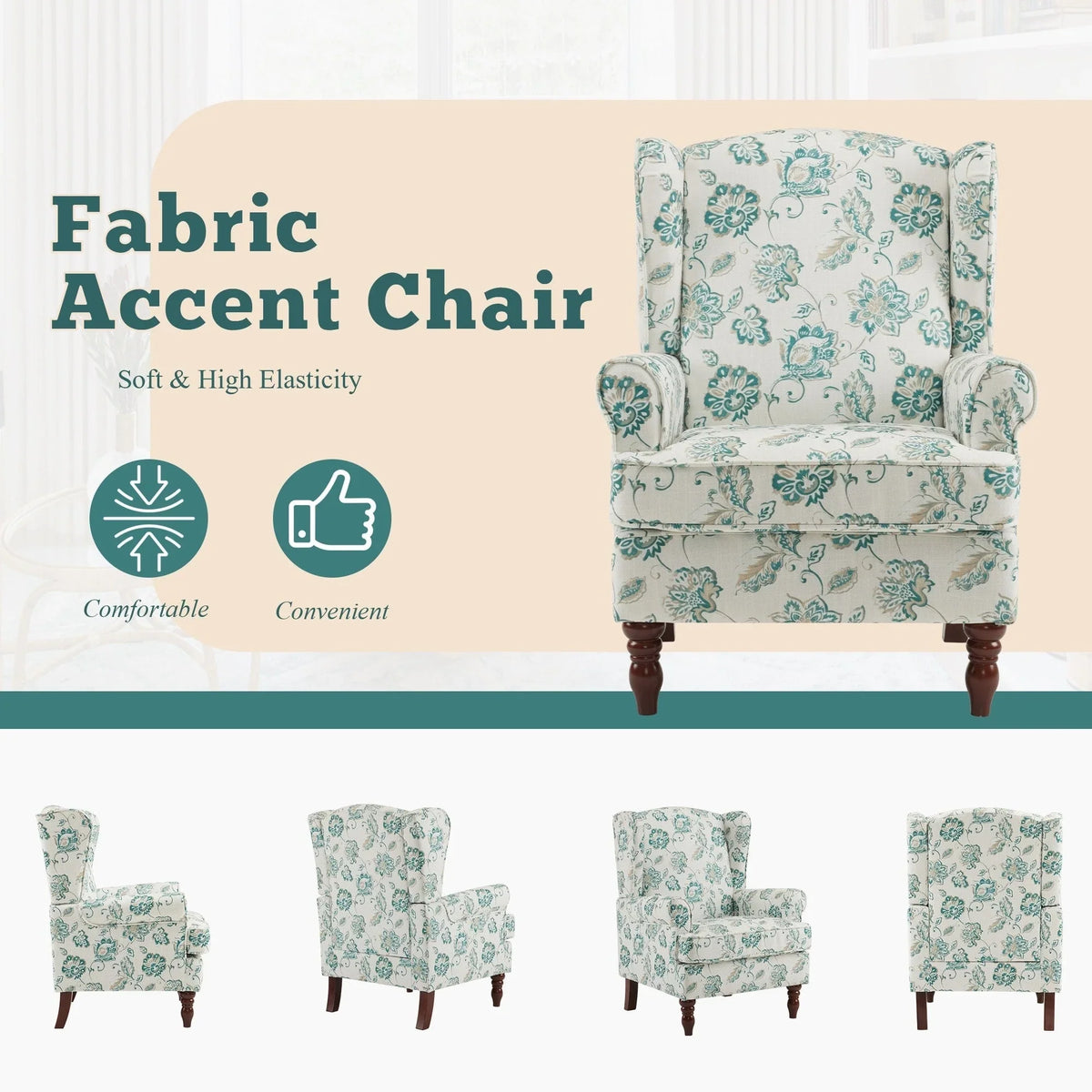 Fauteuil d’appoint moderne Erommy, fauteuil à dossier haut, canapé une place en tissu rembourré avec boutons et pieds en bois pour le salon