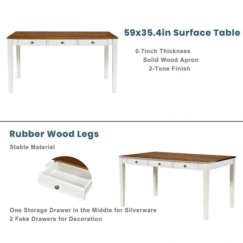 6-teiliges Esszimmer-Set aus Holz mit 4 Stühlen und Bank, Tisch mit Schublade