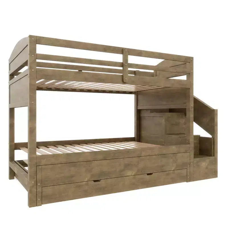 Estrutura de beliche Whisen Twin XL com cama auxiliar, beliche com arrumação, madeira maciça, escada com arrumação, roupeiro e 3 gavetas, para crianças