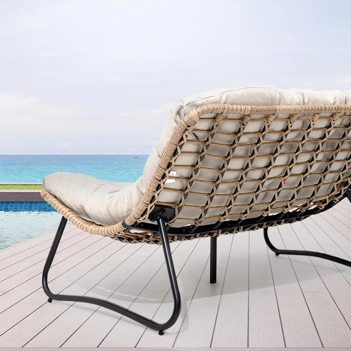 Doppelter Papasan-Sessel als Loveseat mit Kissen, wetterfestes PE-Rattan und Metallgestell für drinnen und draußen