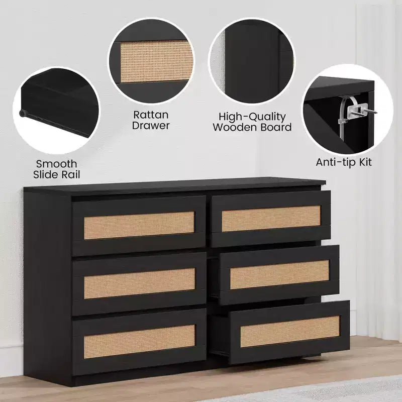 Cómoda de rattan para quarto com 6 gavetas, cómoda larga de estilo quinta moderno de 47, armário organizador de arrumação em madeira para closet, sala de estar e corredor