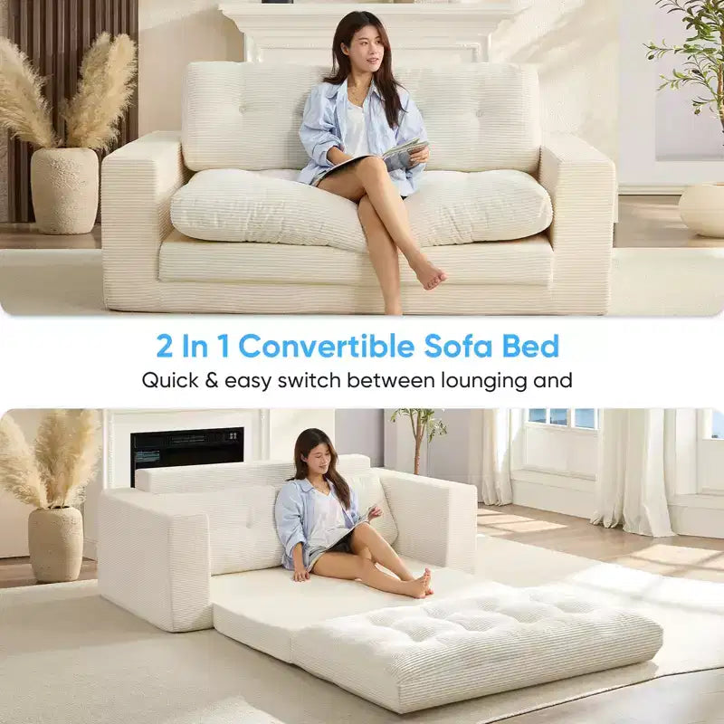 Canapé-lit futon convertible 2-en-1 Mjkone de 71 po, canapé deux places convertible pliable en tissu côtelé avec boutons capitonnés, gain de place