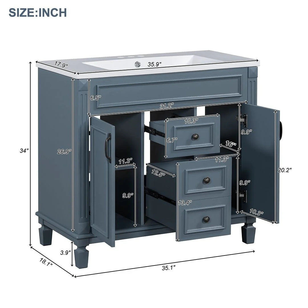 Moderne badkamermeubelset van 36 inch met wastafelblad, spiegelkast, 2 deuren en 2 laden