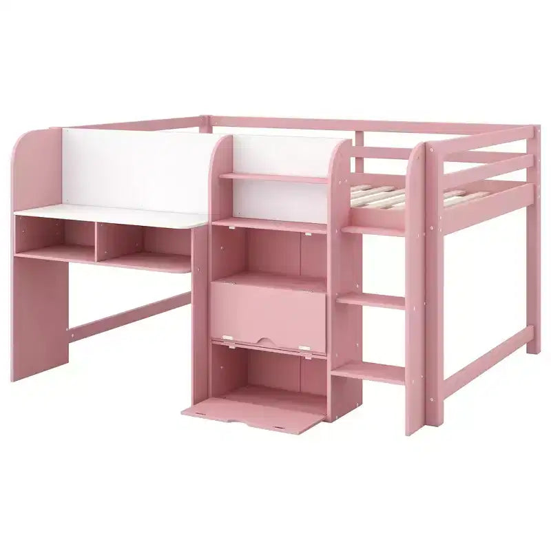 Lit mezzanine bas rose/blanc avec bureau, rangements et tableau blanc - 1 personne, 1 place