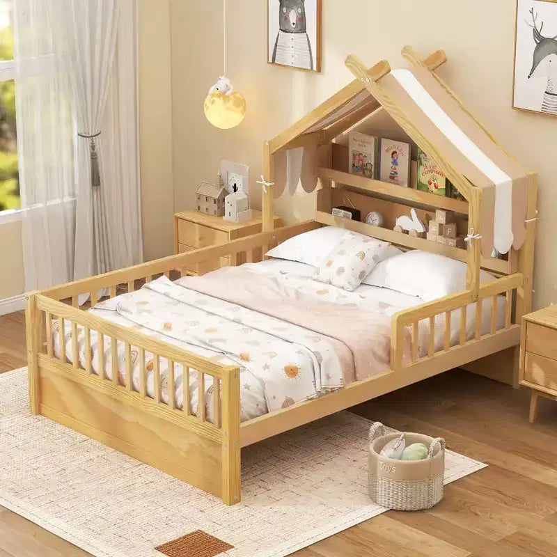 ModernLuxe Holzhausbett in Twin/Full-Größe mit Kopfteil und Stauraum, Kinderbettgestell aus massivem Kiefernholz mit Rausfallschutz