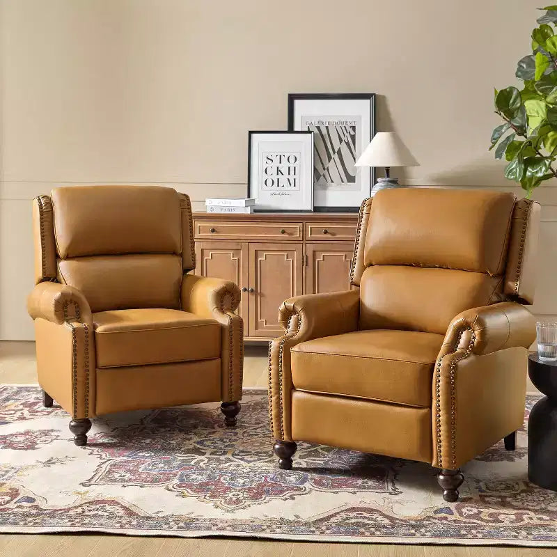 Conjunto de 2 cadeirões reclináveis Elisabete modernos, de costas altas, em pele genuína, com acabamento vintage de tachas, para sala de estar e quarto| ART OF LIVING DESIGNS