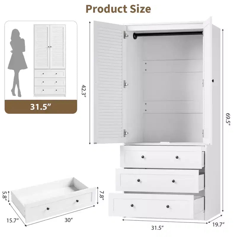 Armário roupeiro COZONY com 3 gavetas e 2 portas, armário de madeira moderno para quarto, roupeiro branco independente para cargas pesadas