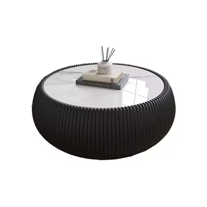Mesa de centro redonda moderna Okak em forma de tambor, com tampo de mármore e laterais de couro, mesa central elegante para sala de estar e quarto