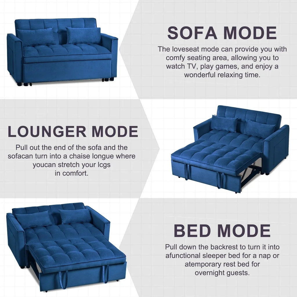 Sofá-cama moderno extensível, sofá-cama 3-em-1 com encosto ajustável, sofá de dois lugares em veludo, almofadas e bolsos laterais