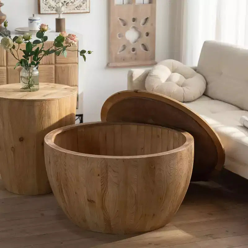 Mesa de centro redonda de estilo retro com arrumação, feita de madeira, adequada para sala de estar, sala de jantar ou escritório.