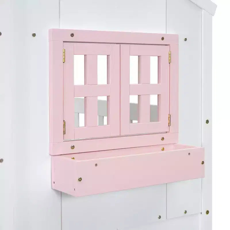 Cama alta de tamanho Twin em forma de casa, cama alta de madeira tipo casinha com escada e barreiras de proteção para crianças