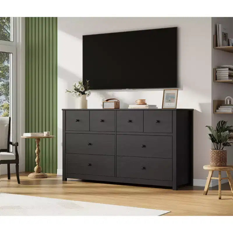Moderne ladekast met 8 laden voor de slaapkamer, brede houten kast met diepe opbergruimte, vrijstaande organiserende kast voor de woonkamer