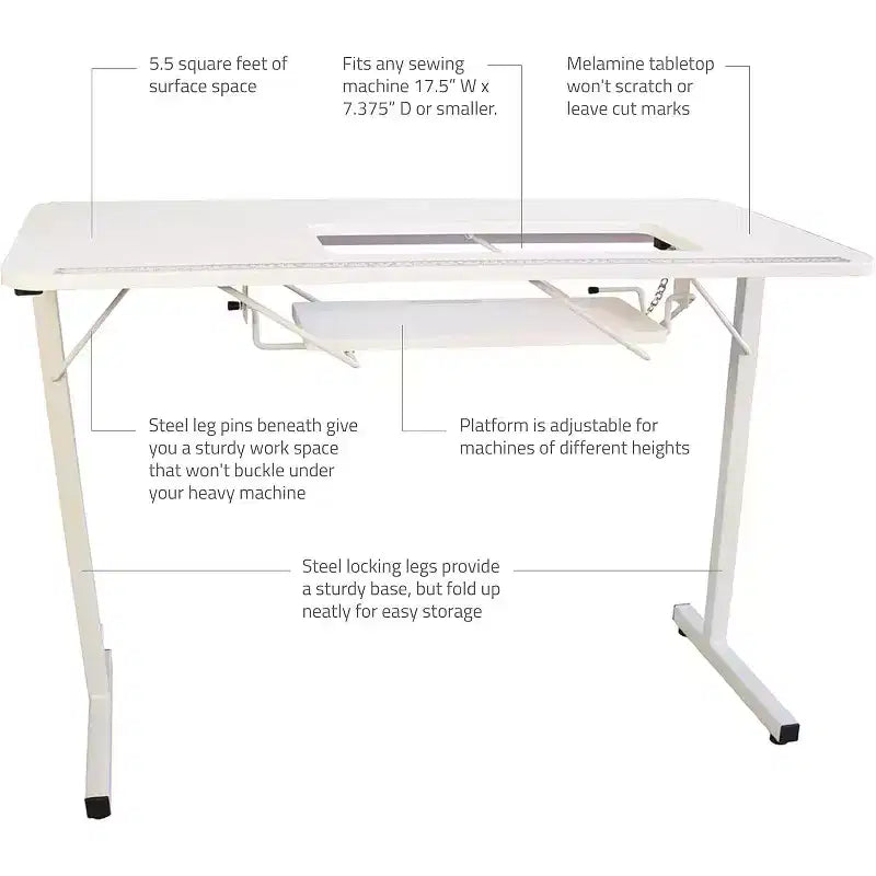 Mesa de costura portátil e dobrável SewingRite SewStation 101 com pernas de aço, branca - perfeita para casa, escritório e empresa
