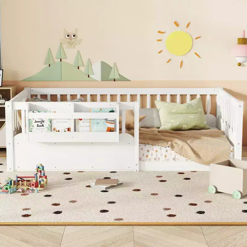 Bellemave Kinder-Bodenbett mit erhöhtem Rausfallschutz und Bücherregal, hölzernes Montessori-Einzelbettgestell für Mädchen und Jungen
