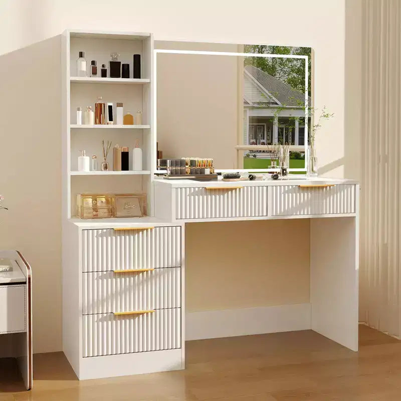 Schminktisch mit beleuchtetem Spiegel und Ladestation, dimmbares Touch-Licht mit 3 Lichtfarben, 5 Schubladen und Glasplatte, moderner Frisiertisch fürs Schlafzimmer
