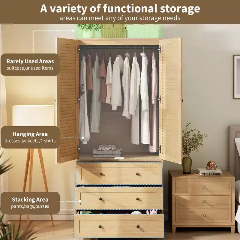 Armário roupeiro COZONY com 3 gavetas e 2 portas, armário de madeira moderno para quarto, roupeiro branco independente para cargas pesadas