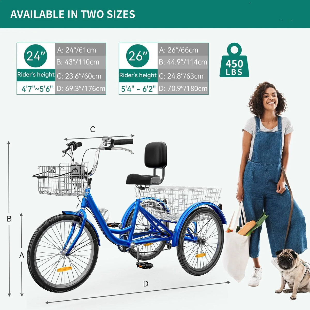 Tricycle pour adulte 26 pouces, vélo à trois roues à 7 vitesses