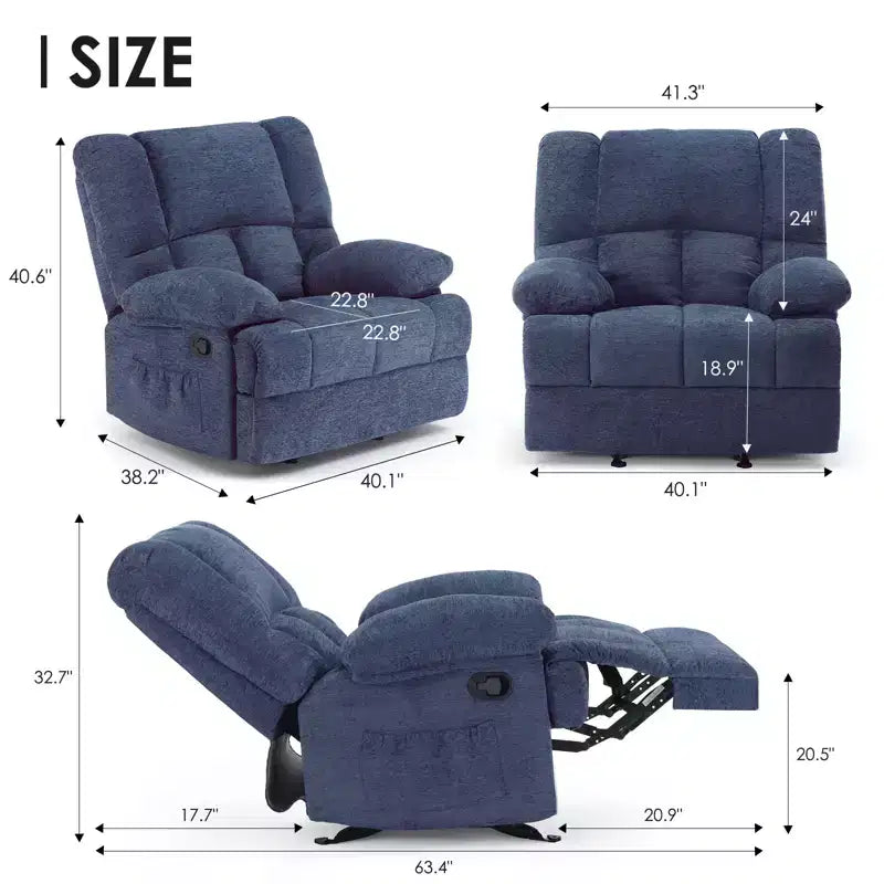 Cadeirão reclinável de baloiço extragrande azul, com revestimento em chenille