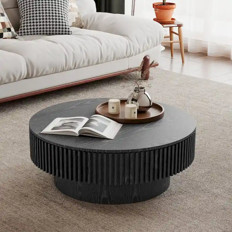 Tavolino rotondo moderno in legno massello impiallacciato con contenitore, da caffè o da tè