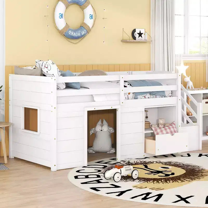 Cama baixa tipo loft individual em madeira maciça, 94.6L x 42.3W, com escada, gaveta e prateleira, design moderno e simples
