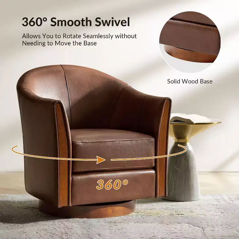Fauteuil tonneau pivotant Pocono de style transitionnel en cuir véritable avec piètement en bois massif, ensemble de 2, Artful Living Design